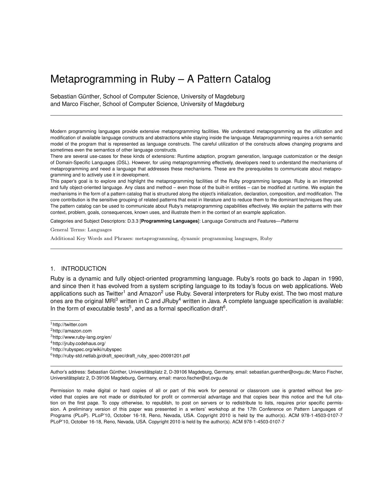 Metaprogramming in Ruby. A Pattern Catalog