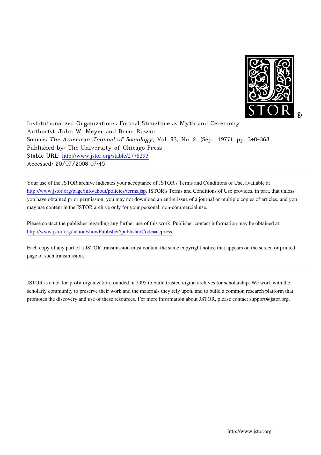 Institutionalized Organizations. Formal Structure as Myth & Ceremony