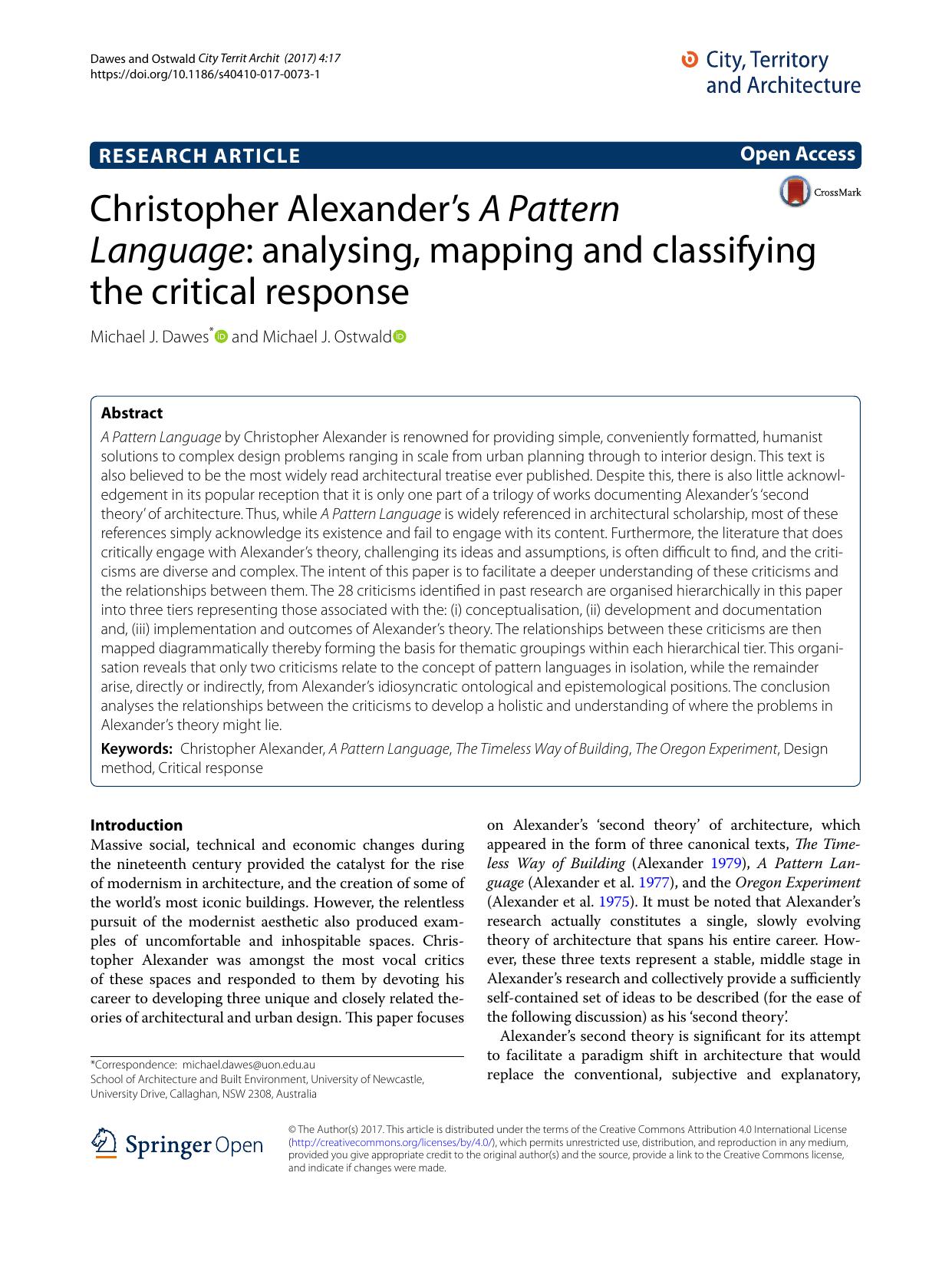 Christopher Alexander’s A Pattern Language: analysing, mapping and classifying the critical response